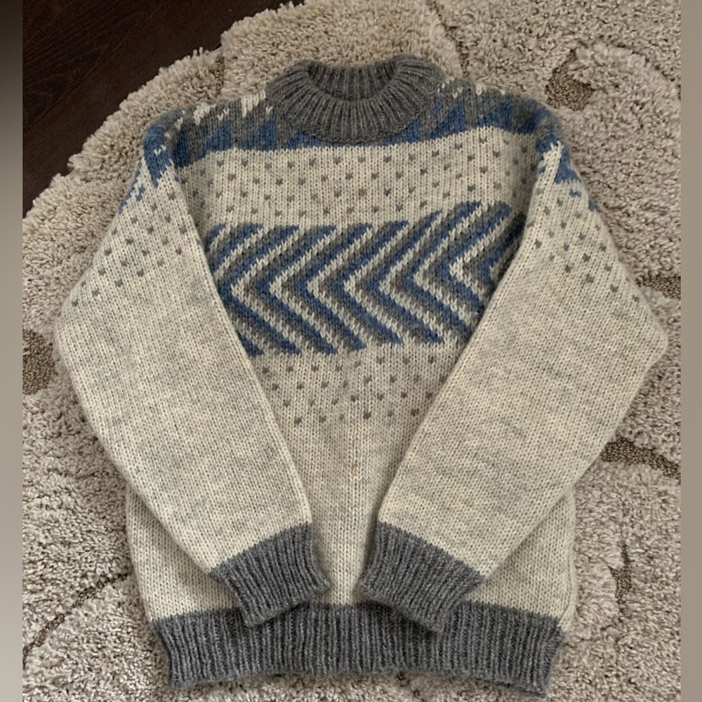 Men's Gray and Blue Patterned Wool Sweater, Size Small made in Denmark